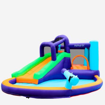 Château Aquatique Gonflable - Magic Island - 4,8m - Aire de jeux avec escalade, tobbogan - souffleur et sac de rangement inclus